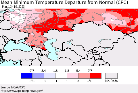 Russian Federation Mean Minimum Temperature Departure from Normal (CPC) Thematic Map For 3/13/2023 - 3/19/2023