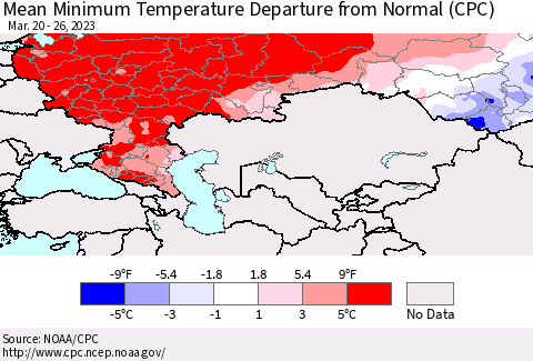 Russian Federation Mean Minimum Temperature Departure from Normal (CPC) Thematic Map For 3/20/2023 - 3/26/2023