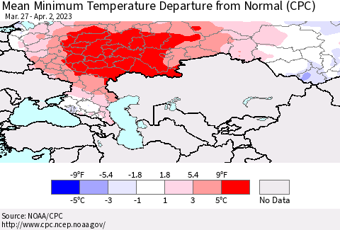Russian Federation Mean Minimum Temperature Departure from Normal (CPC) Thematic Map For 3/27/2023 - 4/2/2023