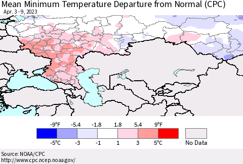Russian Federation Mean Minimum Temperature Departure from Normal (CPC) Thematic Map For 4/3/2023 - 4/9/2023