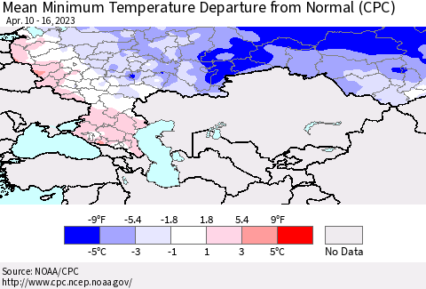 Russian Federation Mean Minimum Temperature Departure from Normal (CPC) Thematic Map For 4/10/2023 - 4/16/2023