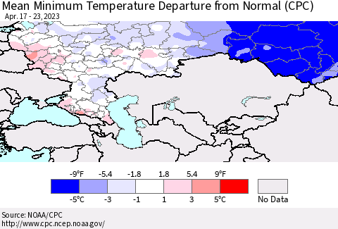 Russian Federation Mean Minimum Temperature Departure from Normal (CPC) Thematic Map For 4/17/2023 - 4/23/2023