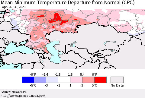 Russian Federation Mean Minimum Temperature Departure from Normal (CPC) Thematic Map For 4/24/2023 - 4/30/2023
