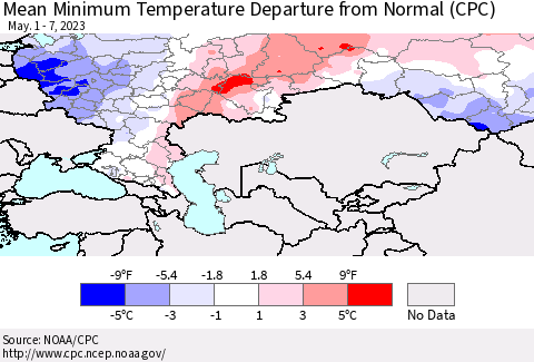 Russian Federation Mean Minimum Temperature Departure from Normal (CPC) Thematic Map For 5/1/2023 - 5/7/2023