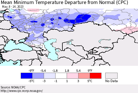 Russian Federation Mean Minimum Temperature Departure from Normal (CPC) Thematic Map For 5/8/2023 - 5/14/2023