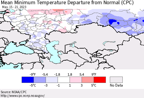 Russian Federation Mean Minimum Temperature Departure from Normal (CPC) Thematic Map For 5/15/2023 - 5/21/2023