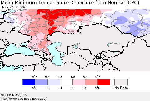 Russian Federation Mean Minimum Temperature Departure from Normal (CPC) Thematic Map For 5/22/2023 - 5/28/2023