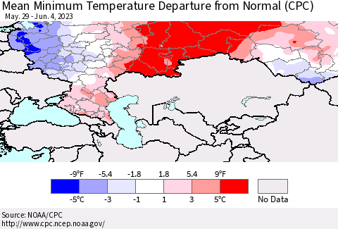 Russian Federation Mean Minimum Temperature Departure from Normal (CPC) Thematic Map For 5/29/2023 - 6/4/2023