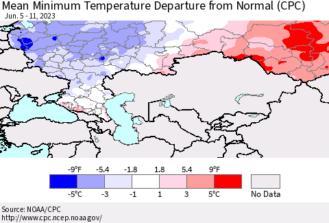 Russian Federation Mean Minimum Temperature Departure from Normal (CPC) Thematic Map For 6/5/2023 - 6/11/2023