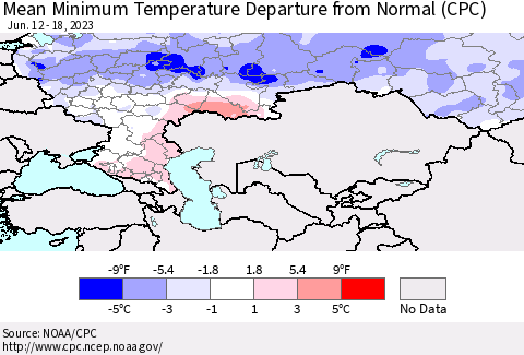 Russian Federation Mean Minimum Temperature Departure from Normal (CPC) Thematic Map For 6/12/2023 - 6/18/2023