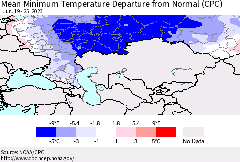 Russian Federation Mean Minimum Temperature Departure from Normal (CPC) Thematic Map For 6/19/2023 - 6/25/2023