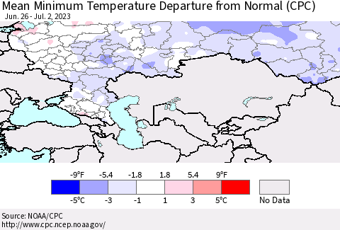Russian Federation Mean Minimum Temperature Departure from Normal (CPC) Thematic Map For 6/26/2023 - 7/2/2023