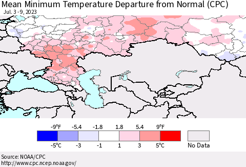 Russian Federation Mean Minimum Temperature Departure from Normal (CPC) Thematic Map For 7/3/2023 - 7/9/2023