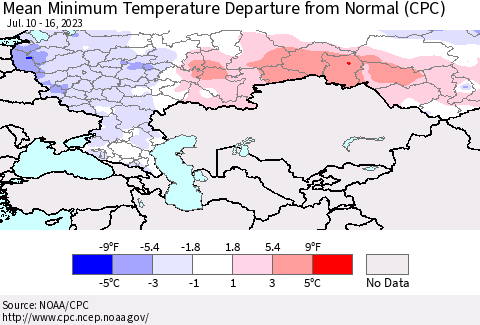 Russian Federation Mean Minimum Temperature Departure from Normal (CPC) Thematic Map For 7/10/2023 - 7/16/2023