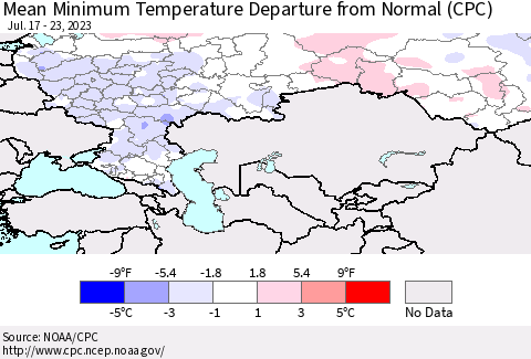 Russian Federation Mean Minimum Temperature Departure from Normal (CPC) Thematic Map For 7/17/2023 - 7/23/2023