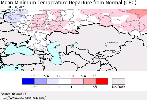 Russian Federation Mean Minimum Temperature Departure from Normal (CPC) Thematic Map For 7/24/2023 - 7/30/2023