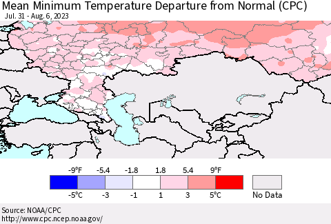Russian Federation Mean Minimum Temperature Departure from Normal (CPC) Thematic Map For 7/31/2023 - 8/6/2023
