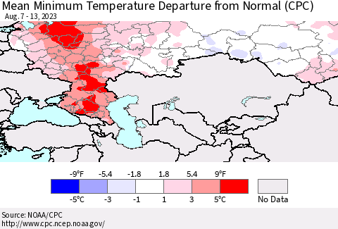 Russian Federation Mean Minimum Temperature Departure from Normal (CPC) Thematic Map For 8/7/2023 - 8/13/2023