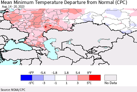 Russian Federation Mean Minimum Temperature Departure from Normal (CPC) Thematic Map For 8/14/2023 - 8/20/2023