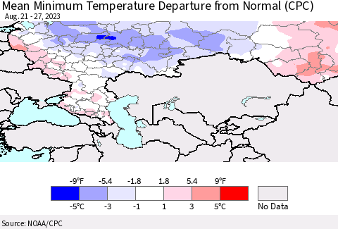 Russian Federation Mean Minimum Temperature Departure from Normal (CPC) Thematic Map For 8/21/2023 - 8/27/2023