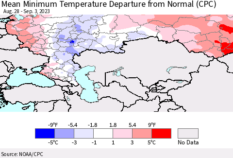 Russian Federation Mean Minimum Temperature Departure from Normal (CPC) Thematic Map For 8/28/2023 - 9/3/2023