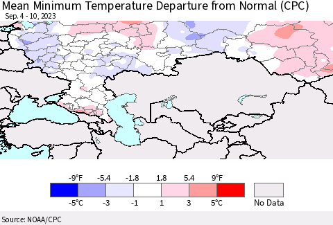 Russian Federation Mean Minimum Temperature Departure from Normal (CPC) Thematic Map For 9/4/2023 - 9/10/2023