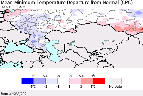 Russian Federation Mean Minimum Temperature Departure from Normal (CPC) Thematic Map For 9/11/2023 - 9/17/2023