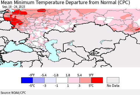 Russian Federation Mean Minimum Temperature Departure from Normal (CPC) Thematic Map For 9/18/2023 - 9/24/2023
