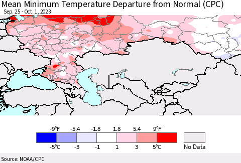Russian Federation Mean Minimum Temperature Departure from Normal (CPC) Thematic Map For 9/25/2023 - 10/1/2023