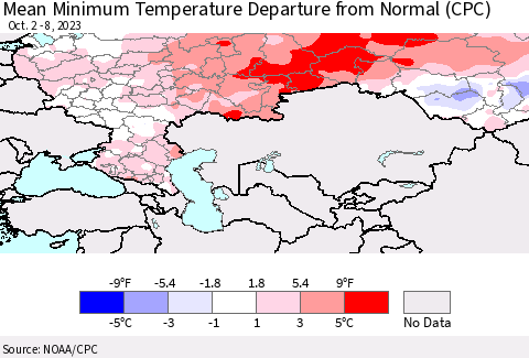 Russian Federation Mean Minimum Temperature Departure from Normal (CPC) Thematic Map For 10/2/2023 - 10/8/2023