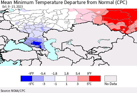 Russian Federation Mean Minimum Temperature Departure from Normal (CPC) Thematic Map For 10/9/2023 - 10/15/2023