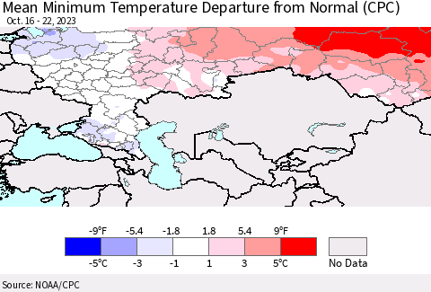 Russian Federation Mean Minimum Temperature Departure from Normal (CPC) Thematic Map For 10/16/2023 - 10/22/2023