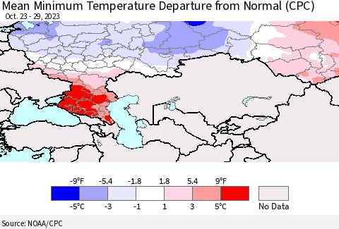 Russian Federation Mean Minimum Temperature Departure from Normal (CPC) Thematic Map For 10/23/2023 - 10/29/2023