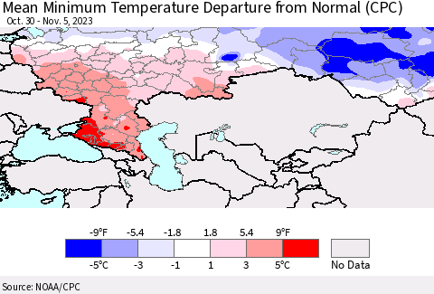 Russian Federation Mean Minimum Temperature Departure from Normal (CPC) Thematic Map For 10/30/2023 - 11/5/2023