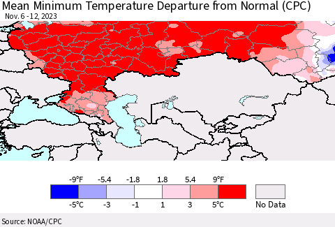 Russian Federation Mean Minimum Temperature Departure from Normal (CPC) Thematic Map For 11/6/2023 - 11/12/2023