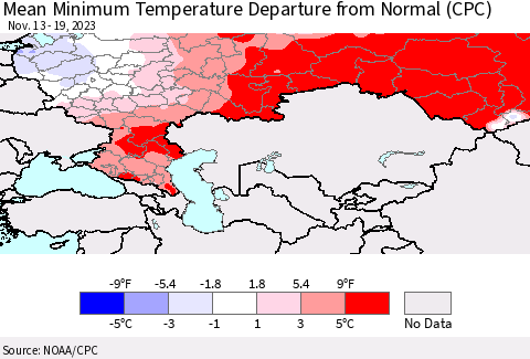 Russian Federation Mean Minimum Temperature Departure from Normal (CPC) Thematic Map For 11/13/2023 - 11/19/2023