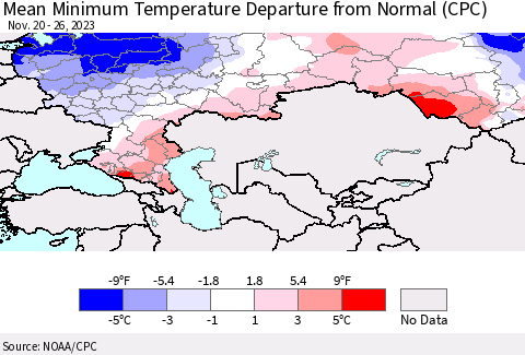 Russian Federation Mean Minimum Temperature Departure from Normal (CPC) Thematic Map For 11/20/2023 - 11/26/2023