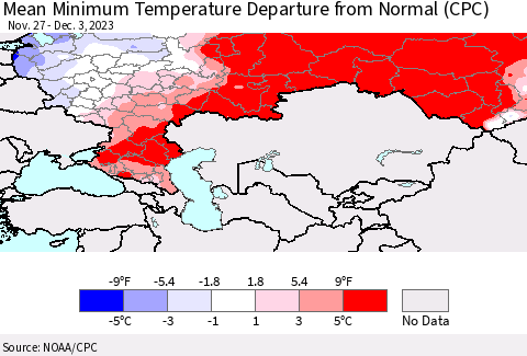 Russian Federation Mean Minimum Temperature Departure from Normal (CPC) Thematic Map For 11/27/2023 - 12/3/2023