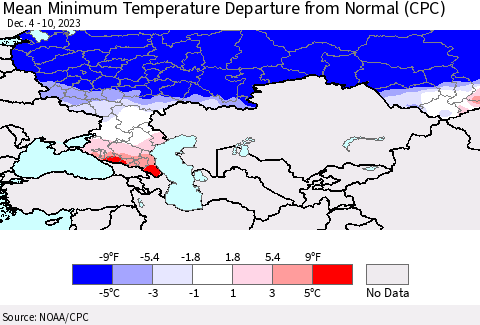 Russian Federation Mean Minimum Temperature Departure from Normal (CPC) Thematic Map For 12/4/2023 - 12/10/2023