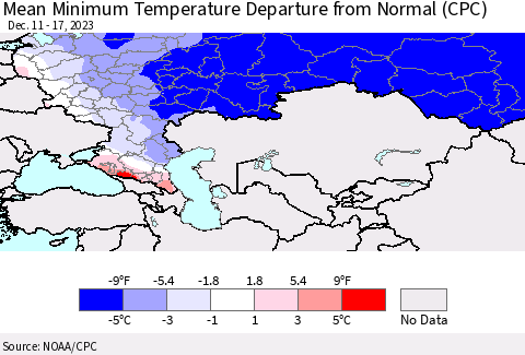 Russian Federation Mean Minimum Temperature Departure from Normal (CPC) Thematic Map For 12/11/2023 - 12/17/2023