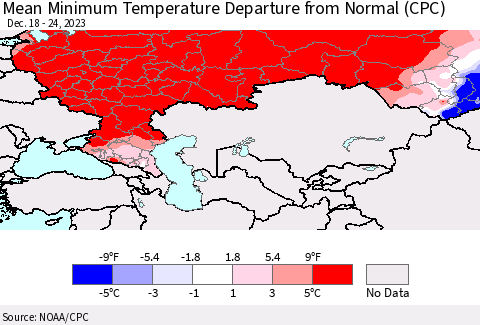 Russian Federation Mean Minimum Temperature Departure from Normal (CPC) Thematic Map For 12/18/2023 - 12/24/2023