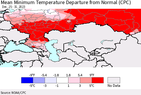 Russian Federation Mean Minimum Temperature Departure from Normal (CPC) Thematic Map For 12/25/2023 - 12/31/2023