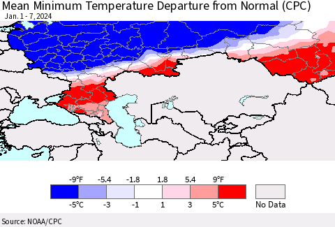 Russian Federation Mean Minimum Temperature Departure from Normal (CPC) Thematic Map For 1/1/2024 - 1/7/2024