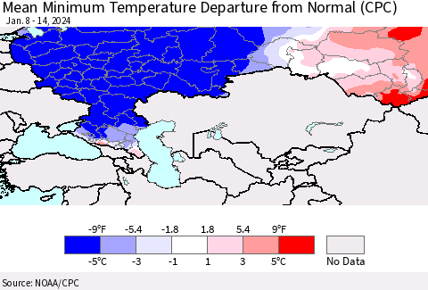 Russian Federation Mean Minimum Temperature Departure from Normal (CPC) Thematic Map For 1/8/2024 - 1/14/2024