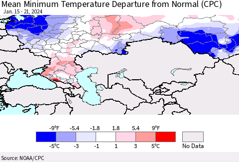 Russian Federation Mean Minimum Temperature Departure from Normal (CPC) Thematic Map For 1/15/2024 - 1/21/2024
