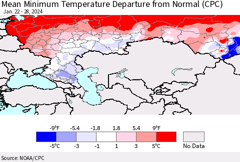 Russian Federation Mean Minimum Temperature Departure from Normal (CPC) Thematic Map For 1/22/2024 - 1/28/2024