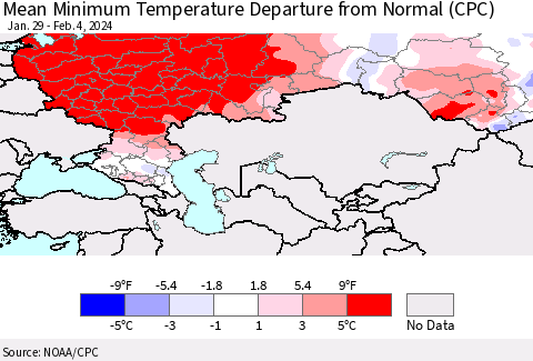 Russian Federation Mean Minimum Temperature Departure from Normal (CPC) Thematic Map For 1/29/2024 - 2/4/2024