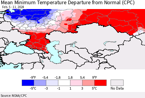 Russian Federation Mean Minimum Temperature Departure from Normal (CPC) Thematic Map For 2/5/2024 - 2/11/2024