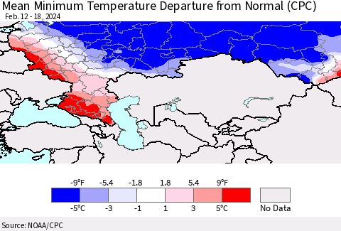 Russian Federation Mean Minimum Temperature Departure from Normal (CPC) Thematic Map For 2/12/2024 - 2/18/2024