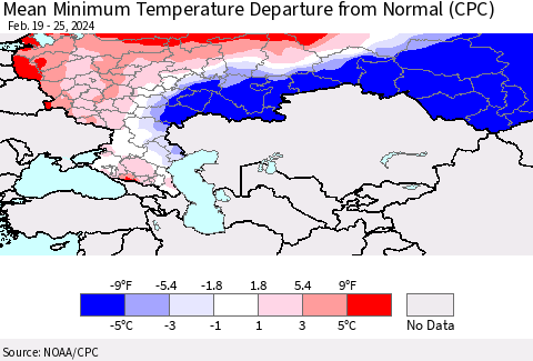 Russian Federation Mean Minimum Temperature Departure from Normal (CPC) Thematic Map For 2/19/2024 - 2/25/2024